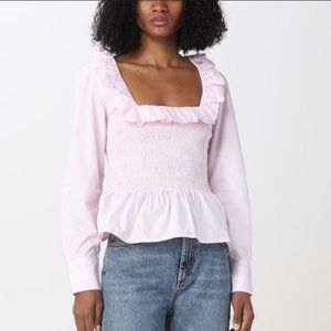 Ganni Ruffled Poplin Smocked Blouse